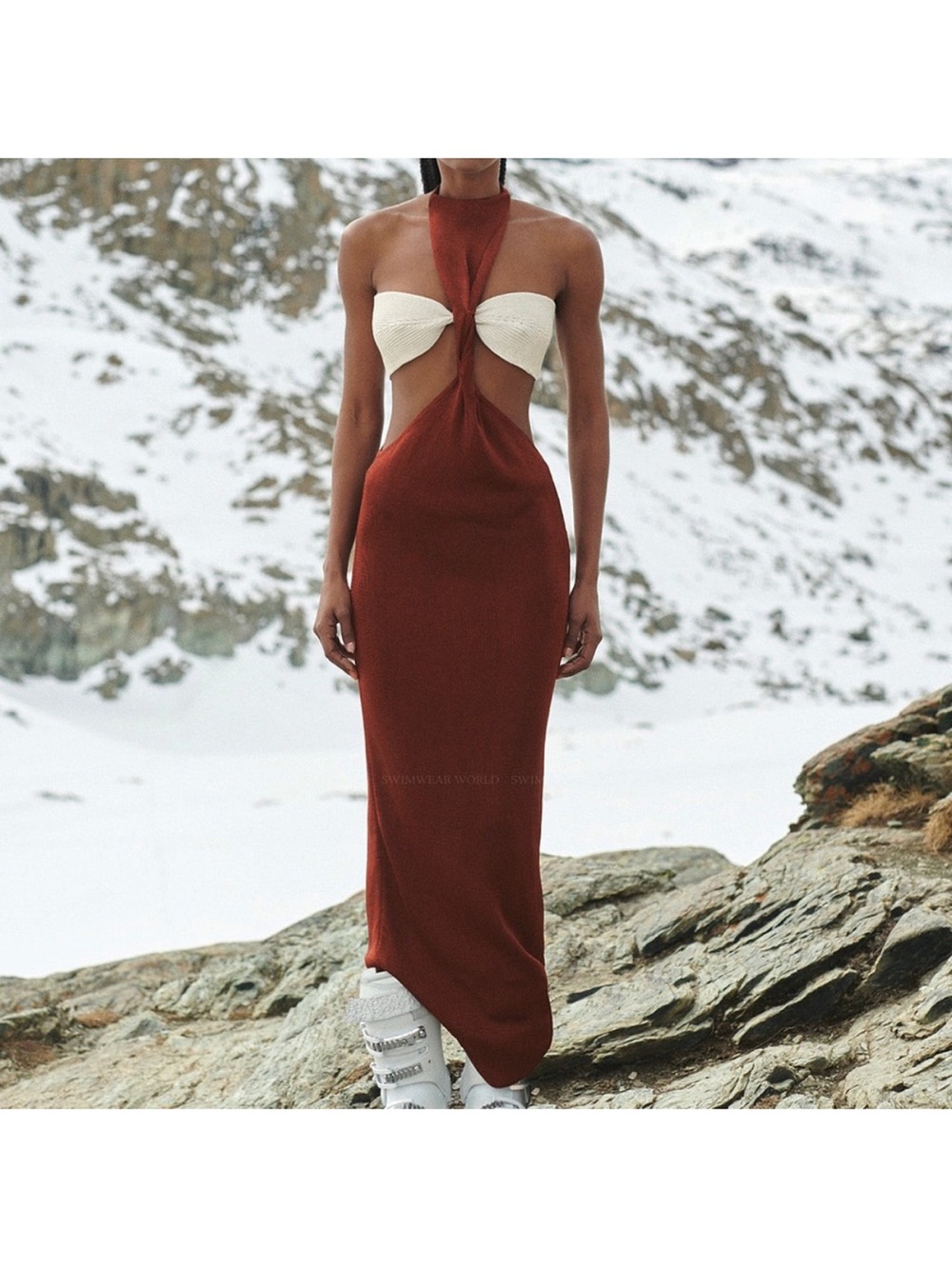 Baobab Collection Strapless Rust Maxi Dress with Cream Bandeau